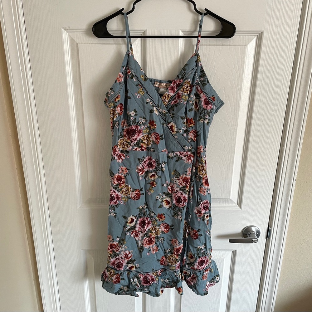 Floral Wrap Mini Dress in Dusty Blue